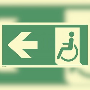 Schild Notausgang f. gehbeeintr. Personen Pfeil links, Alu, nachl., 160-mcd, 400x200 mm Image