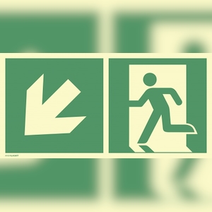 Notausgang links abwärts, Kombi, ISO 7010, PVC-U selbstkl., 160-mcd, 400x200 mm Image