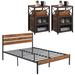 17 Stories 3 Piece Bedroom Set Wood Bed Frame & Nightstand Set Mattress Foundation w/ Side Table Set Wood/Metal in Brown | Wayfair