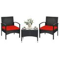 Patiojoy 3 PCS Patio Rattan Cushioned Chair Side Table Set Bistro Set Classic Furniture Single Sofa Thick Cushion for Garden Red