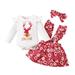 Kucnuzki Infant Baby Girl Clothes 3 Months Christmas Gifts Winter Skirt Sets 6 Months Long Sleeve Christmas Elk Prints Cozy Romper Top Suspender Skirt Headband 3PC Sets Red