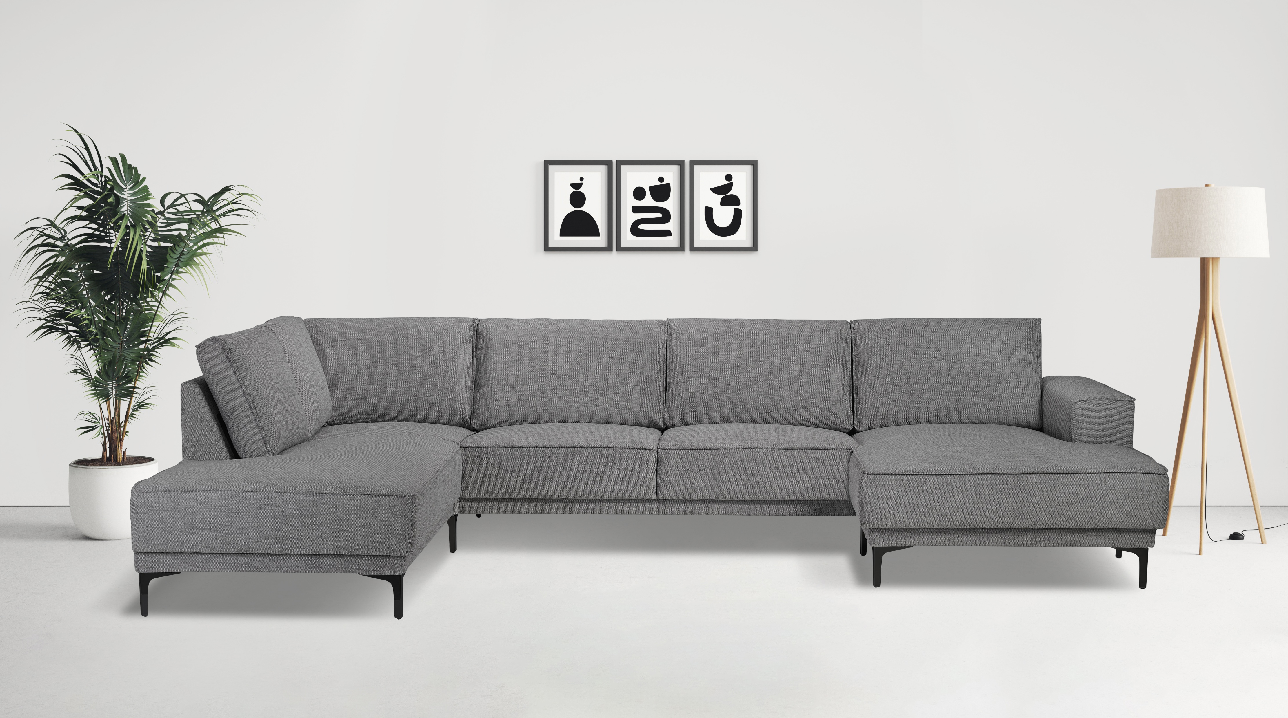 Wohnlandschaft OTTO HOME "XXL Sofa Oland, Struktur, Flachgewebe, Luxus-Microfaser, Boucle", grau, B:345cm H:85cm T:210cm, 100% Polyester, Sofas, U-Form, 345 cm, Wellenunterfederung, Skandi-Design, Metallfüße