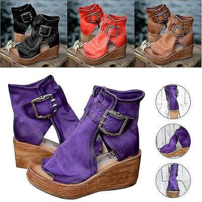 Women Casual Leather Retro Wedges Sandals Vintage Buckle Design Lady Shoes Spring Summer Supply