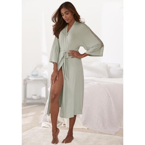 Kimono LASCANA Gr. 32/34, grün (jade) Damen Bademäntel Morgenmäntel mit Spitzendetails