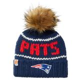 Women's Sh*t That I Knit Navy New England Patriots Hand-Knit Brimmed Merino Wool Beanie with Faux Fur Pom