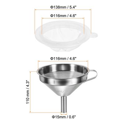 5.1" Dia Stainless Steel Kitchen Funnel with 200 Mesh Strainer White Silver Tone - White, Silver Tone