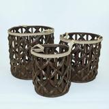 Brown Woven Wood With Fabric Handles Baskets (Set Of 3)