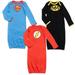 DC Comics Justice League Batman Superman The Flash Newborn Baby Boys 3 Pack Sleeper Gowns Black / blue / Red 0-6 Months