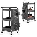 COSTWAY 3-Tier Rolling Trolley, Metal Storage Cart with 2 Pegboards, 2 Baskets, 4 Hooks, Handle & Lockable Wheels, Mobile Utility Serving Rack Shelving for Home Kitchen Office Garage (Grey)