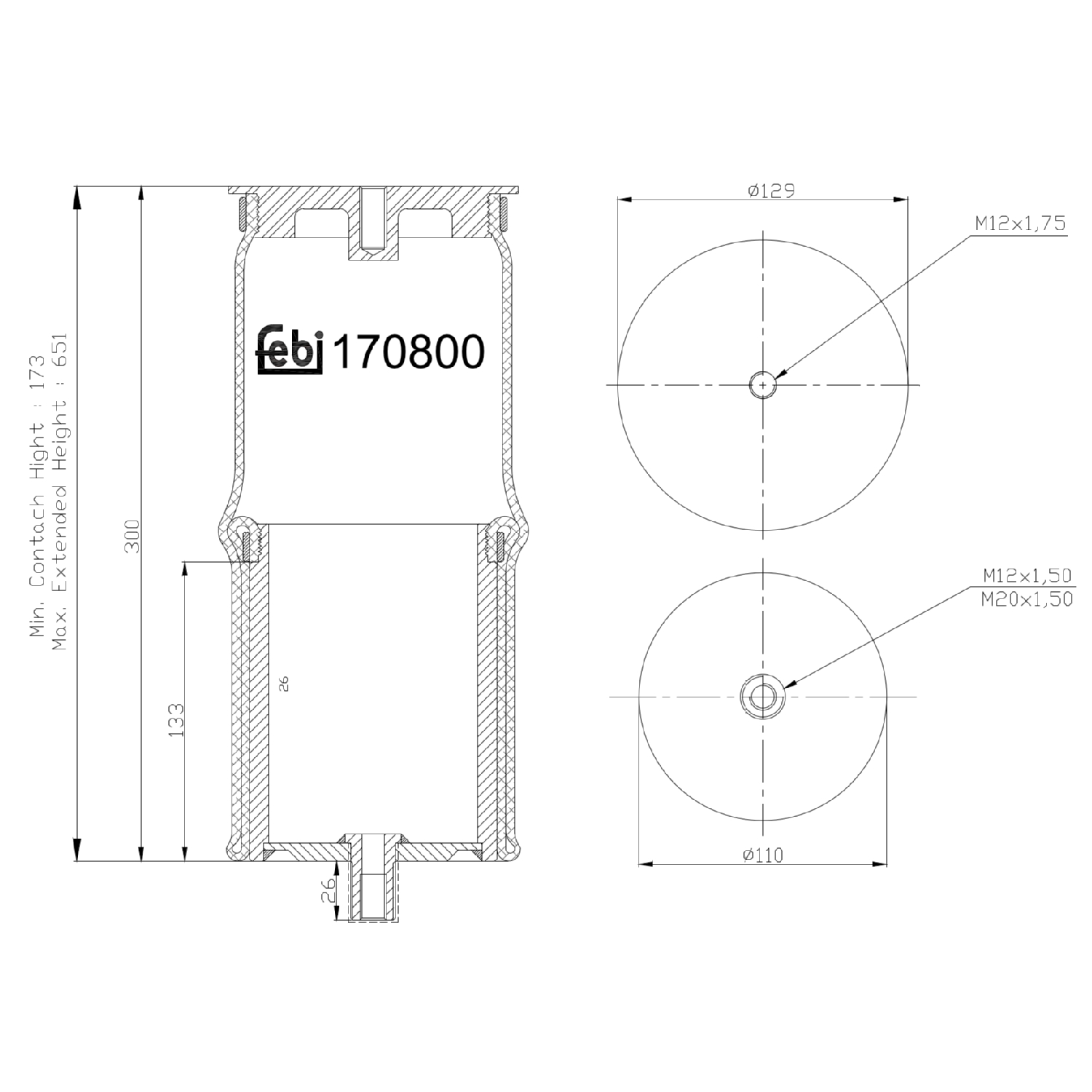 FEBI BILSTEIN Federbalg, Luftfederung 170800 Universal mit Kolben 110mm für DAF 1234880 1690384 Image
