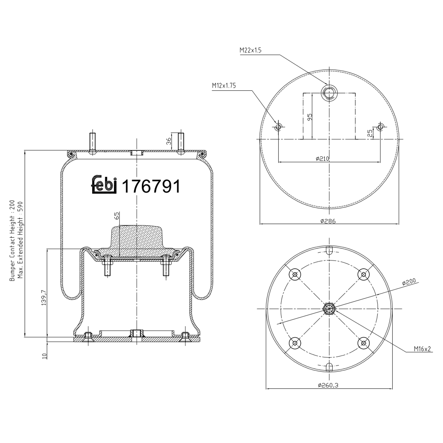 FEBI BILSTEIN Federbalg, Luftfederung Universal mit Kolben 286mm 176791 Image