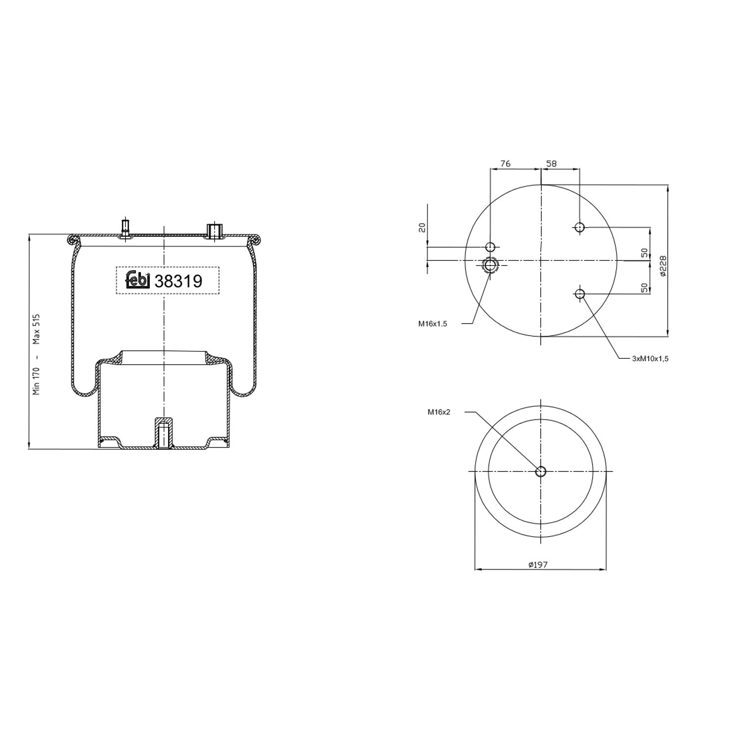 FEBI BILSTEIN Federbalg, Luftfederung Universal hinten rechts links mit Kolben 228mm für DAF 1697684 0392011 0392022 38319 Image