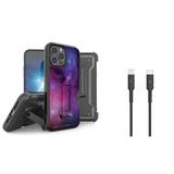 Accessories Bundle for iPhone 14 Pro Case - Heavy Duty Rugged Protector Cover (Nebula Galaxy) Belt Holster Clip Heavy Duty USB-C to MFI Certified Lightning Cable (3.3 Feet)