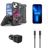 Accessories Bundle for iPhone 14 Plus Case - Heavy Duty Rugged Protector Cover (Lotus Flower) Belt Holster Clip Screen Protectors 30W Dual Car Charger USB-C to MFI Certified Lightning Cable
