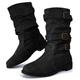 Dernolsea Mid Calf Boots Women, Pull On Flat Pixie Boots Buckle Calf Length Slouch Boots All Black Size 6.5