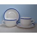 Vintage Wächtersbach Germany Set zwei Teetassen mit Untertassen weiß mit blauen Rand Tee / Kaffee Gedecke Mid Century blau