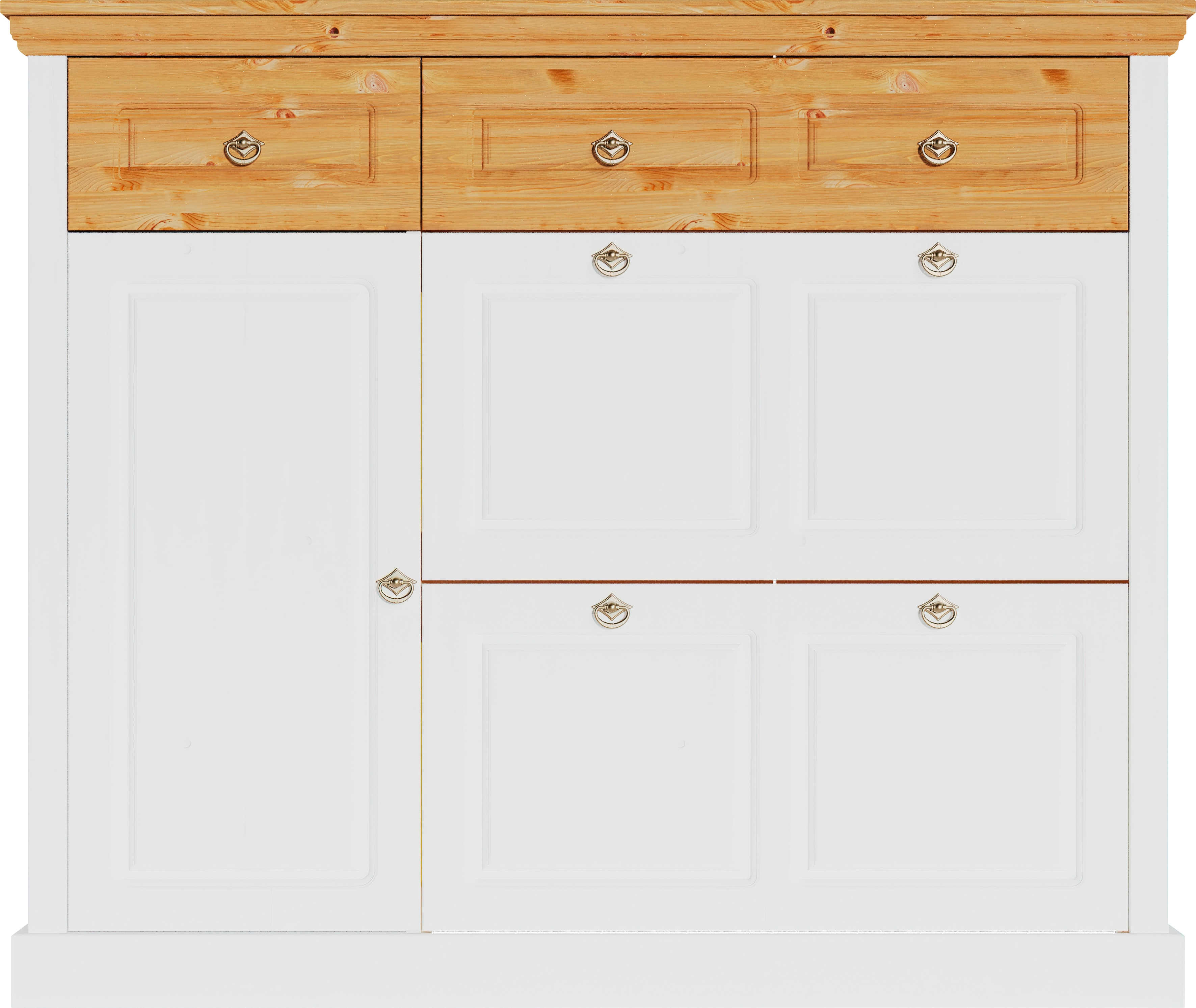 Schuhschrank HOME AFFAIRE "Basilico", weiß (weiß, honig), B:130cm H:108,5cm T:38cm, Massivholz, Schränke, Schuhkkommode, Breite 130 cm, Kassettenoptik, aus Massivholz, FSC