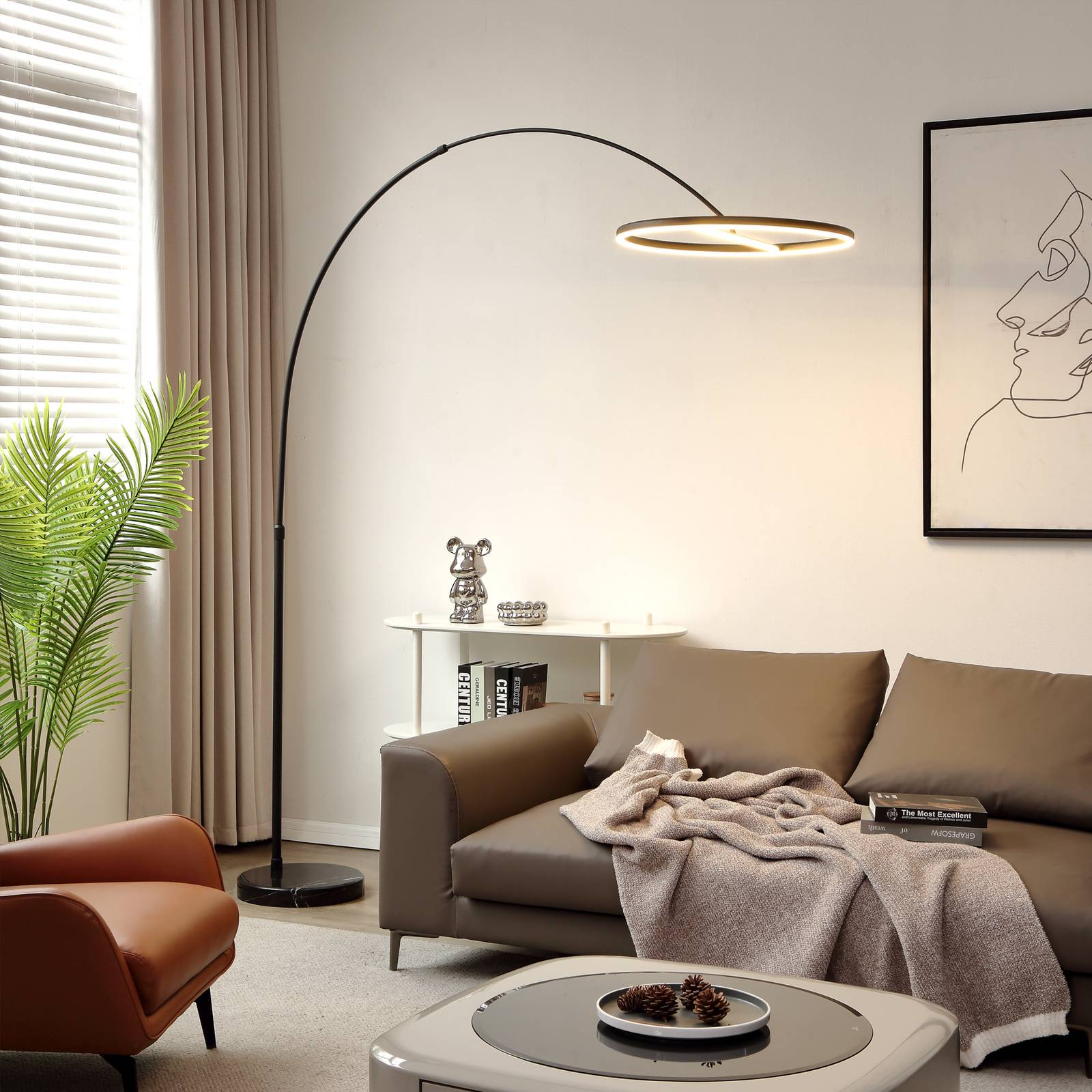 Bogenlampe Virvera Lucande, schwarz, für Wohn- / Esszimmer, Aluminium, Modern, Stehlampe