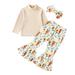 Toddler Girls Outfit Set Long Sleeve Ribbed T Shirt Tops Cartoon Printed Bell Bottoms Pants Headbands Kids Outfits Baby Gifts