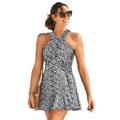 Plus Size Women's High Neck Wrap Swimdress by Swimsuits For All in Black White Abstract (Size 12)