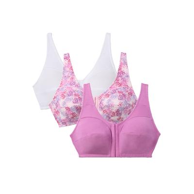 Plus Size Women's 3-Pack Front-Close Cotton Wireless Bra by Comfort Choice in Pretty Orchid Assorted (Size 40 DD)