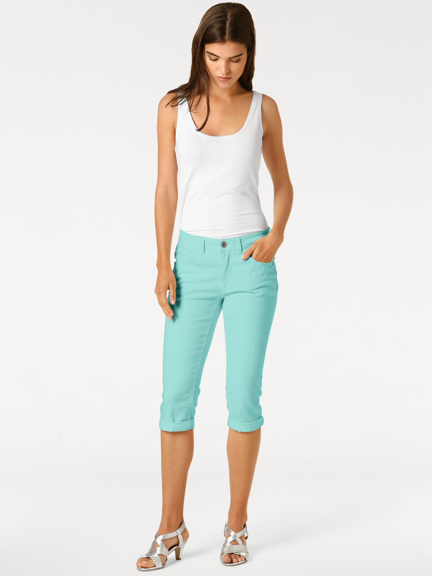 3/4-Hose HEINE, Damen, Gr. 42, Normalgrößen, blau (türkis), 98% Baumwolle, 2% Elasthan, unifarben, knielang, Hosen