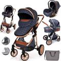 Baby Pram Pushchair Buggy Lightweight Stroller Folding Strollers 3 in1 Travel System Baby Trolley Baby Pram for Newborns Toddlers 0-36 Months from Birth (Blue-Rose Gold Frame)