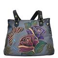 Anna by Anuschka Women Hand Painted Leather Shoulder Satchel-Rose Safari Grey, One Size