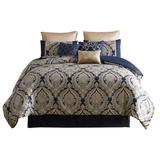 Nova 9 Piece Polyester Queen Comforter Set, Gold Damask Print, Navy Blue