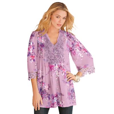 Plus Size Women's Plus Size Juliet Lace Trim Button-Down Shirt by Roaman's in Mauve Orchid Watercolor Bouquet (Size 16 W) Long Shirt Blouse