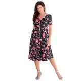 Plus Size Women's Ultrasmooth® Fabric V-Neck Swing Dress by Roaman's in Black Sketch Blossoms (Size 38/40) Stretch Jersey Short Sleeve V-Neck