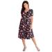 Plus Size Women's Ultrasmooth® Fabric V-Neck Swing Dress by Roaman's in Black Sketch Blossoms (Size 38/40) Stretch Jersey Short Sleeve V-Neck