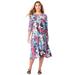 Plus Size Women's Ultrasmooth® Fabric Boatneck Swing Dress by Roaman's in Ocean Paisley Garden (Size 38/40) Stretch Jersey 3/4 Sleeve Dress