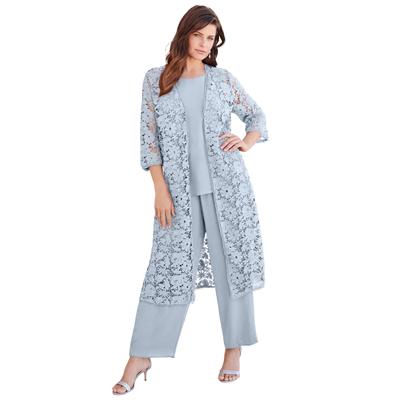 Plus Size Women's Three-Piece Lace Duster & Pant Suit by Roaman's in Pearl Grey (Size 40 W) Duster, Tank, Formal Evening Wide Leg Trousers