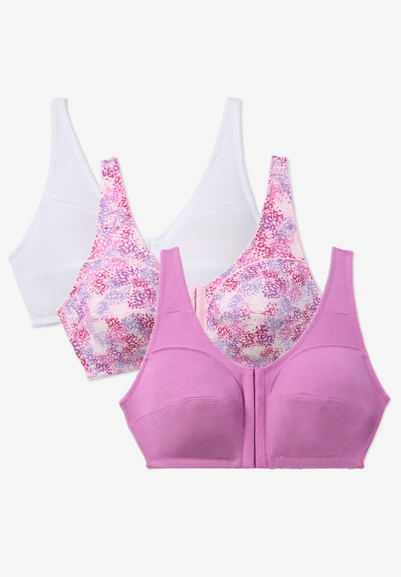 Plus Size Women's 3-Pack Front-Close Cotton Wireless Bra by Comfort Choice in Pretty Orchid Assorted (Size 50 G)