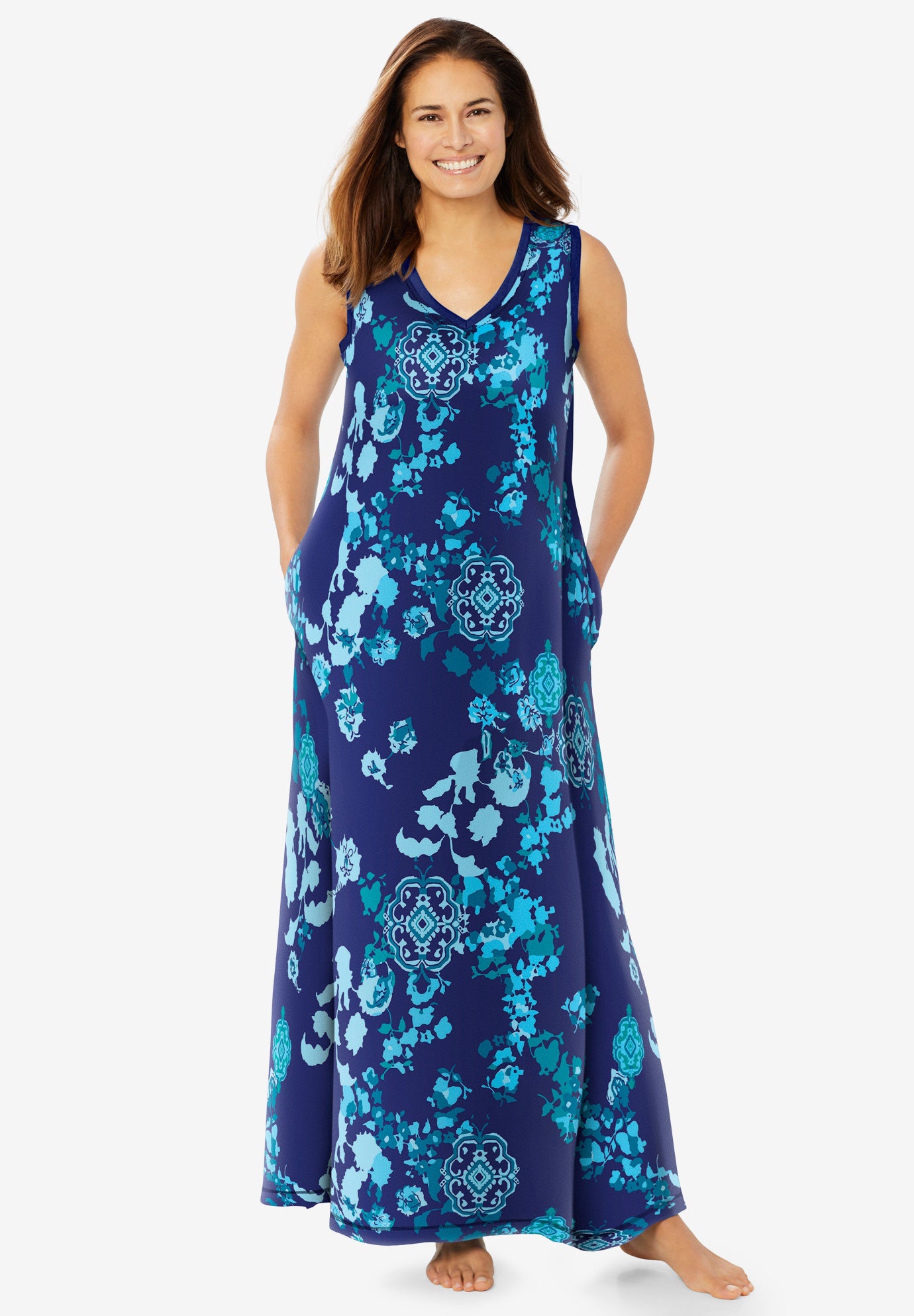 Plus Size Women's Trapeze V-Neck Lounger by Dreams & Co. in Evening Blue Peony (Size 5X)