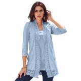 Plus Size Women's Crochet-Trim Pointelle Cardigan by Roaman's in Pale Blue (Size 18/20) 3/4 Sleeves