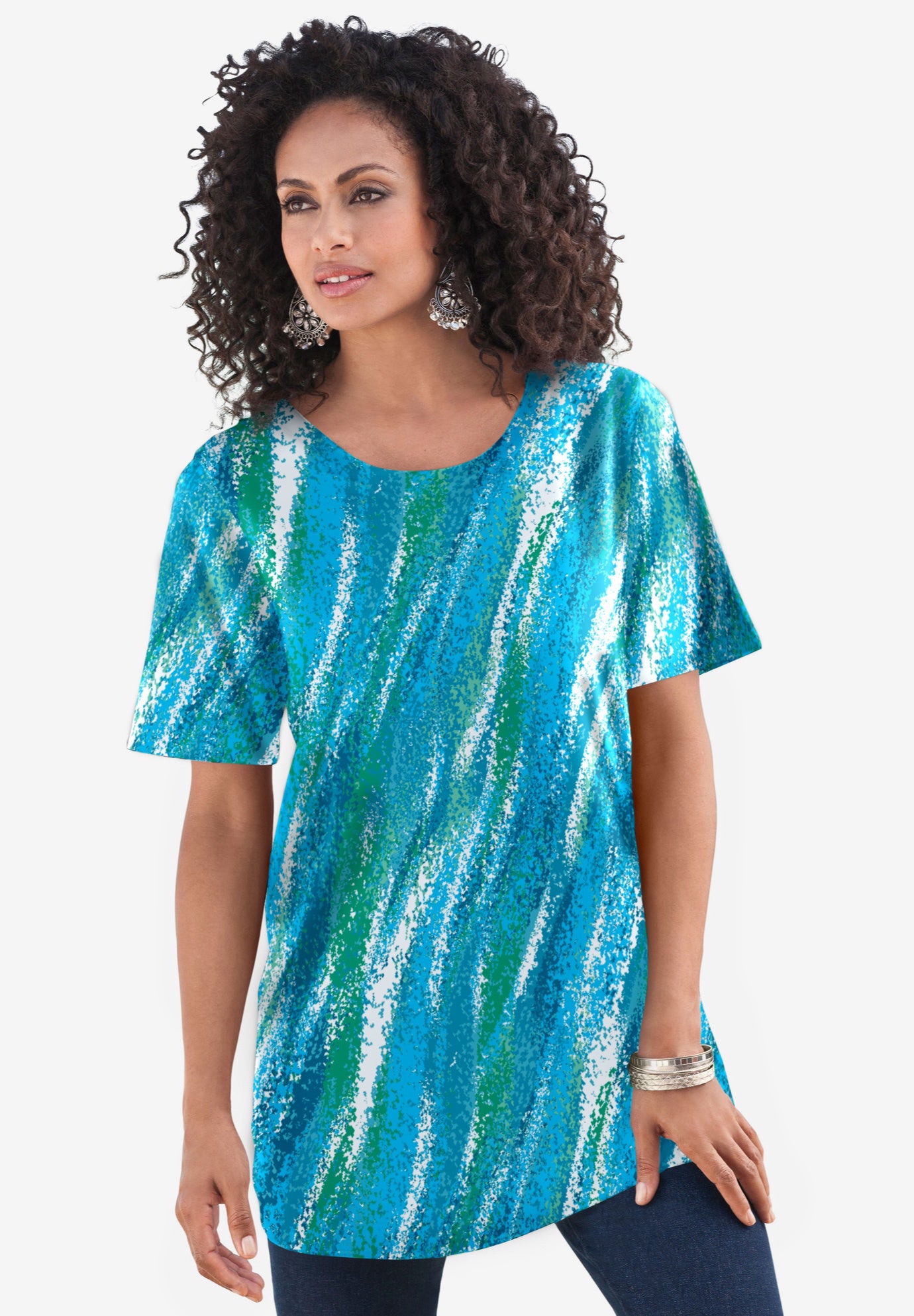 Plus Size Women's Plus Size Cotton Ultimate Crewneck Tee by Roaman's in Ocean Textured Stripe (Size S) Shirt