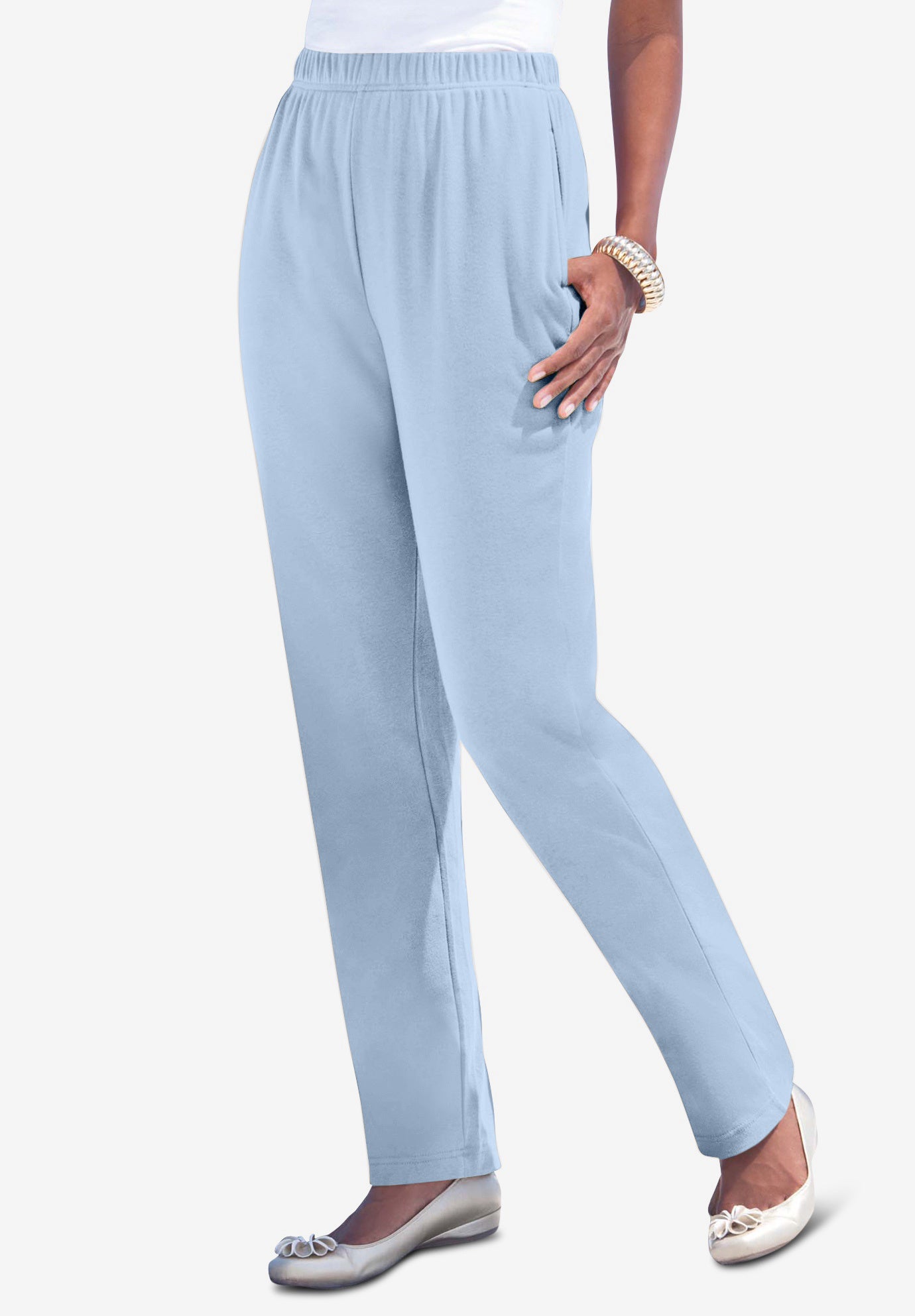 Plus Size Women's Plus Size Straight Leg Soft Knit Pull On Pant by Roaman's in Pale Blue (Size 5X) Pull On Elastic Waist