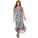 Plus Size Women's Stretch Knit Flounce Hem Maxi Dress by Jessica London in Black White Floral (Size 32 W) Soft & Lightweight Long Length