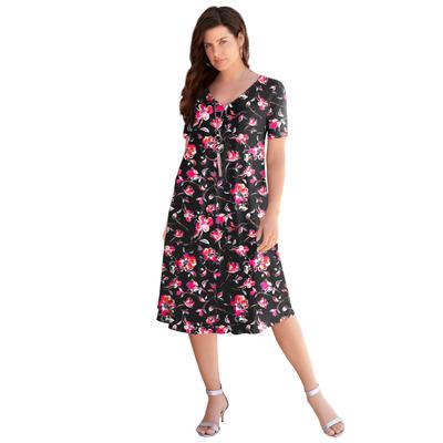 Plus Size Women's UltraSmooth™ Plus Size V-Neck Swing Dress - Soft Knit, Flattering Fit by Roaman's in Black Sketch Blossoms (Size 22/24)