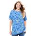 Plus Size Women's Perfect Printed Short-Sleeve Boatneck Tunic by Woman Within in French Blue Jacquard Floral (Size M)