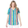 Plus Size Women's Short-Sleeve V-Neck Shirred Tee by Woman Within in White Multi Watercolor Stripe (Size L)