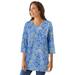 Plus Size Women's Perfect Printed Three-Quarter-Sleeve V-Neck Tunic by Woman Within in French Blue Jacquard Floral (Size 14/16)