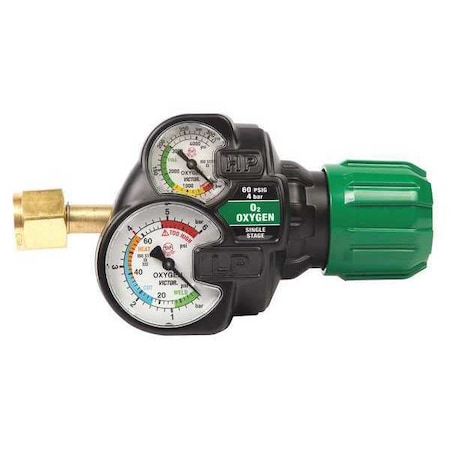 VICTOR 0781-3600 Gas Regulator, Oxygen, Single Stage, 0.965"-14 Inlet, 9/16"-18