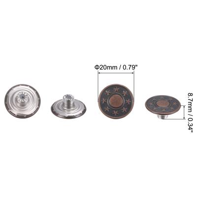 50 Sets Button Pins for Jeans Adjustable 20mm Embossed Pattern Red Bronze - Red Bronze