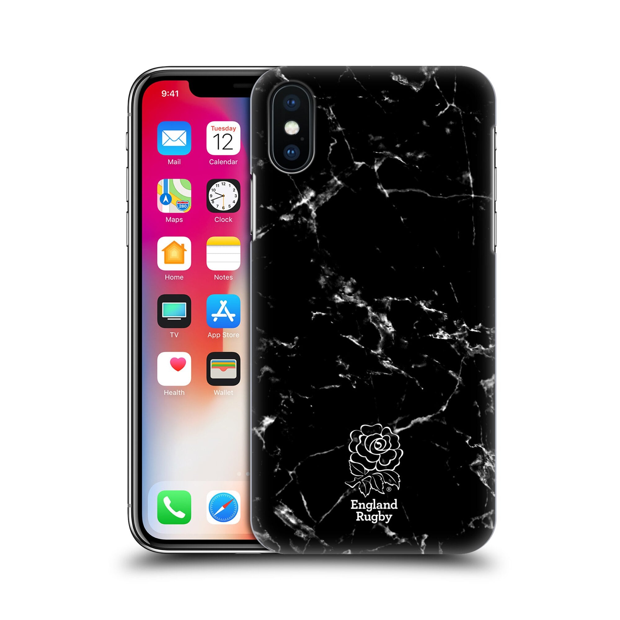 Étui de téléphone rigide en marbre noir Angleterre Rugby - iPhone