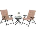 Nice C 3-Piece Patio Dining Set Outdoor Table Set for 2 Garden Bistro Dining Furniture 1 Folding Glass Table and 2 Folding Reclining Chairs with Cushion (Beige)