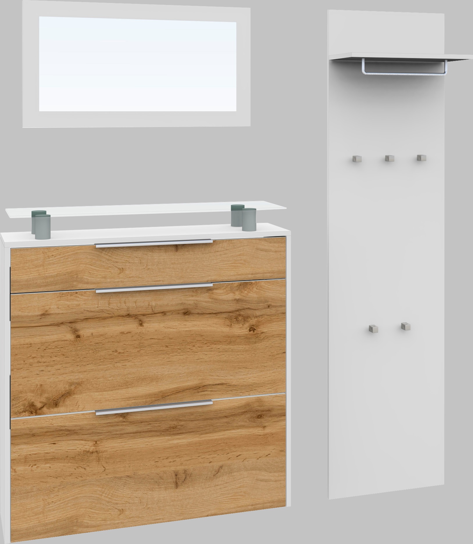 Garderoben-Set BORCHARDT MÖBEL "Oliva", weiß (weiß matt, eichefarben wotan), Kastenmöbel-Sets, (3-tlg), mit hängendem Schuhschrank, Paneel und Spiegel