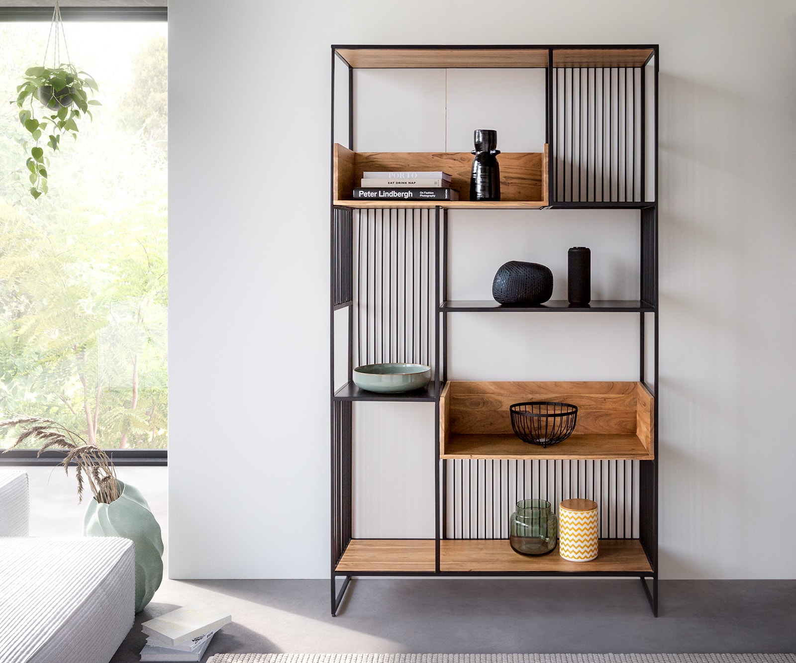 DELIFE Bücherregal Lukeo 115x200 cm Akazie Natur Metall Schwarz, Standregale Image